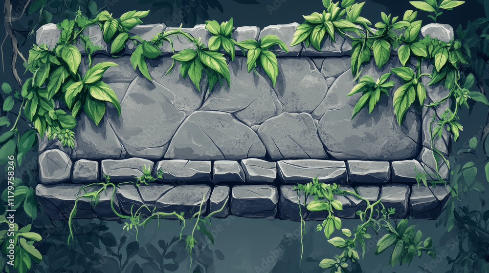 Poster jungle game stone ui frame cartoon vector icon. forest leaf and liana on rock progress bar. menu but