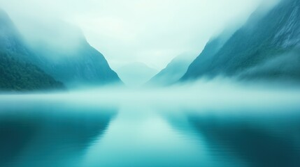 Fototapeta premium Norwegian Landscape With Misty Morning Rippled Water And Mountain Reflections, Serene Atmosphere, Tranquil Seascape Enveloped In Mist, Nature Photography, Nordic Wilderness, Ethereal Peace