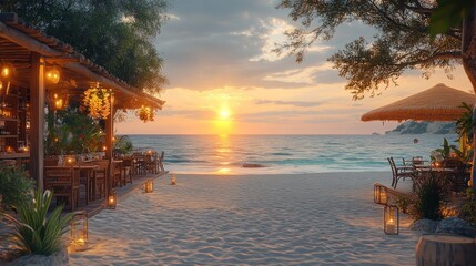 Sunset beach bar with tables and chairs on sandy beach.