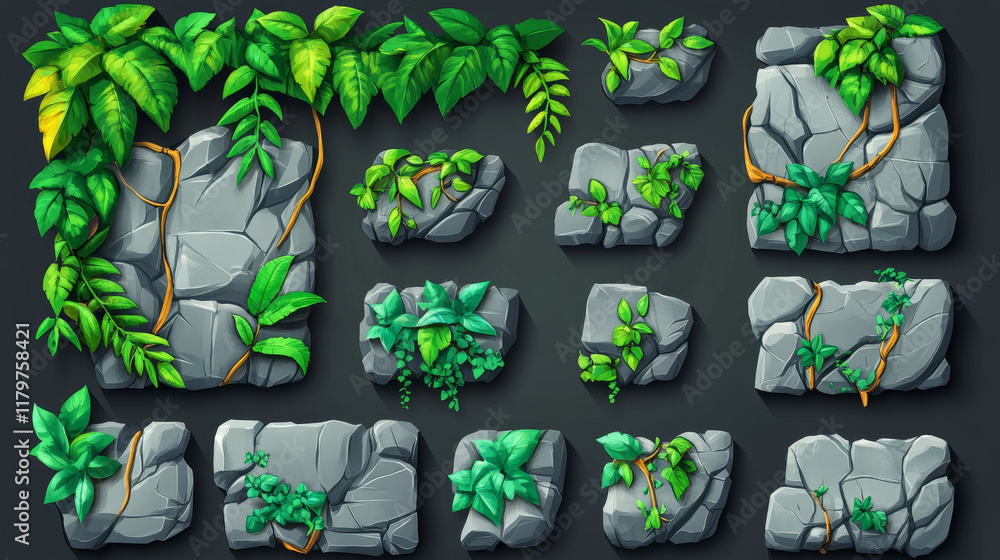 Poster jungle game stone ui frame cartoon vector icon. forest leaf and liana on rock progress bar. menu but