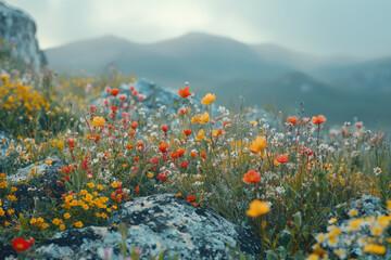 Wildflowers blooming on mountainside with misty background