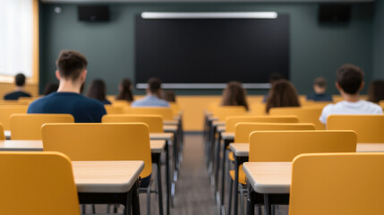 Fototapeta premium Students in classroom with yellow desks, facing blackboard, creating focused learning environment. atmosphere is calm and conducive to education