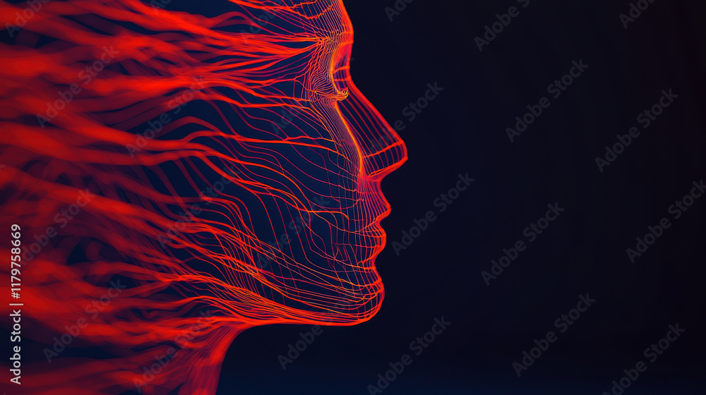 Poster digital representation of woman profile with flowing red lines, symbolizing connection between techn