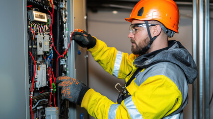 Maintenance engineer working on electrical panel, wearing safety gear and helmet, focused on task