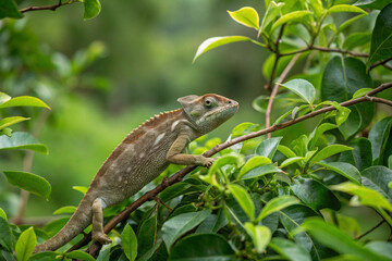 A chameleon slowly moving through lush green foliage