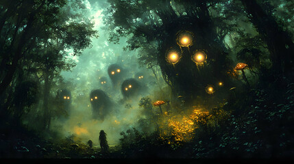 Obraz premium Enigmatic Forest: Glowing Creatures and a Mysterious Silhouette in a Dark, Foggy Night