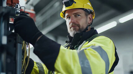 maintenance engineer in safety helmet and reflective jacket works diligently