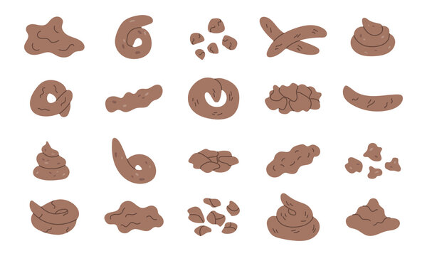 Poop excrement. Types of cat, dog or human feces. Feces of different shapes and consistencies. Vector illustrations.