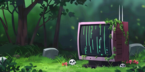 Overgrown CRT Monitor in Forest Setting with Skulls