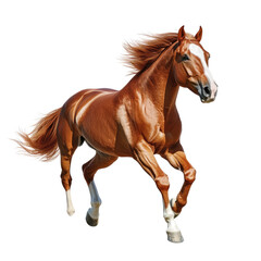 Obraz premium Energetic chestnut horse galloping in a lush green field under a bright sunny sky, showcasing strength and grace