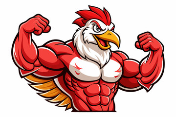 Muscular Cartoon Rooster Flexing Biceps with Angry Expression – Fun and Bold Character Illustration