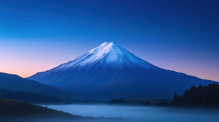 Stunning Snow-Capped Mountain at Twilight Under Starry Night Sky Featuring Majestic Landscape With Deep Blue Atmospheric Vibes and Peaceful Misty Foreground Perfect for Nature Enthusiasts