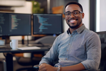 A tech professional with a friendly smile, dressed casually in a button-up shirt and glasses, seated in a sleek modern office with multiple monitors in the background.