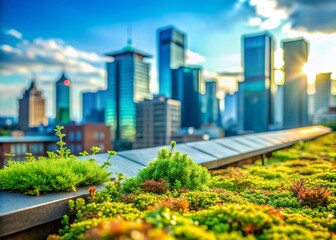 Lush Green Roof Architecture: Bokeh Cityscape Background