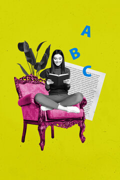 3d poster trend photo collage of happy girl sit chair read book novel education comfy room plant bookworm hobby on yellow background