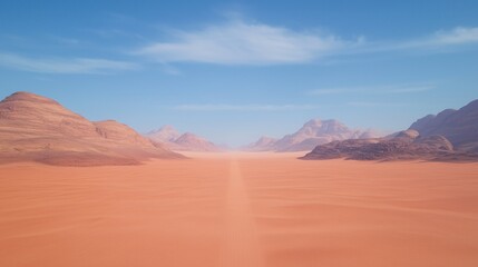Wide desert landscape with orange sand dunes, rocky mountains, and a clear blue sky Scenic wilderness and nature concept for travel and adventure design