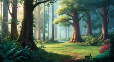 A tranquil forest glade surrounded by tall trees and vibrant undergrowth