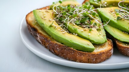 A delicious plate featuring toasted bread topped with fresh avocado slices and sprouted greens.
