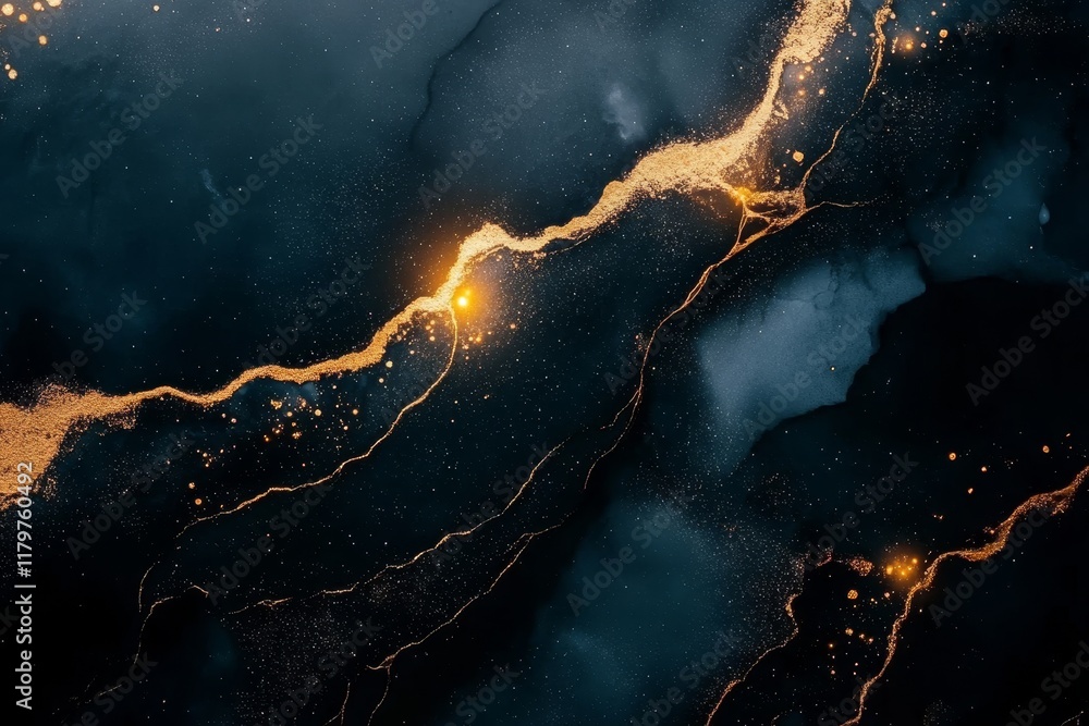 Poster abstract dark background with shimmering gold accents and fluid patterns, showcasing a blend of eleg
