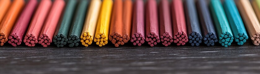 A vibrant array of colored pencils neatly arranged, showcasing their sharpened tips in a variety of hues on a dark surface.
