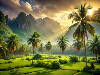 Lush Green Valley, Palm Trees, Majestic Mountains: Stunning Nature Stock Photo