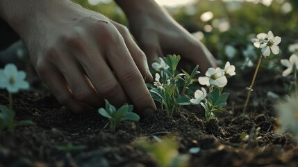 Close-up of hands planting delicate white flowers in rich soil.