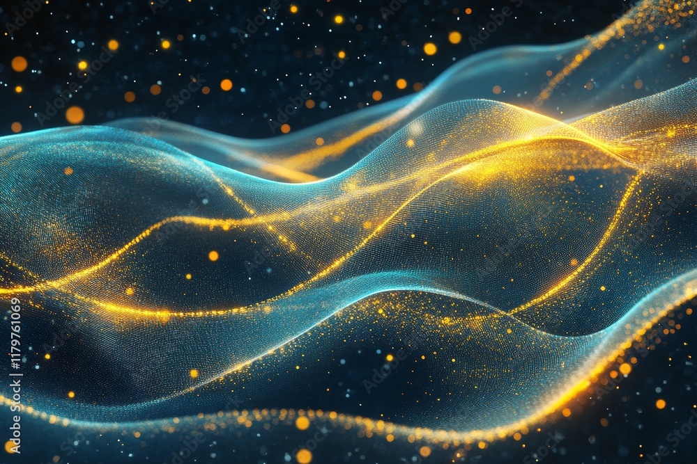 Poster abstract flowing wave design with glowing particles and shimmering effects in vibrant colors on a da