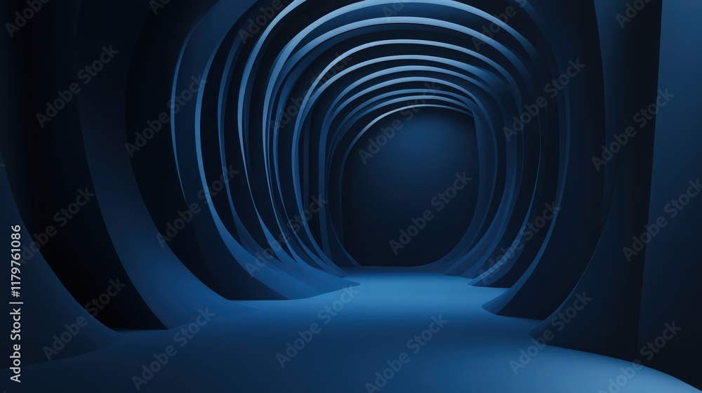 Poster abstract blue tunnel of repeating arches leading into the unknown deep space