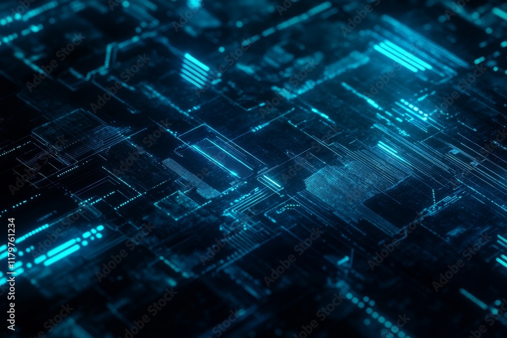 Poster abstract futuristic digital technology background depicting glowing circuit board elements, intercon