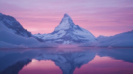 Majestic peak sunrise reflection, glacial lake, snowy mountains