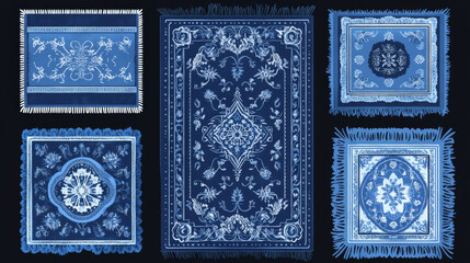 Obraz premium Blue carpet of different shape and size with pattern. Cartoon vector illustration set of cozy round and rectangular fabric cloth rug and mat with tassel and fringed for home floor decoration.