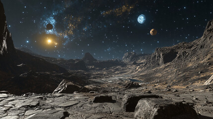 Space background with planet landscape, stars, satellites and alien planets in sky. Vector cartoon fantasy illustration of cosmos, cracked stone surface and mountains