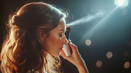 Fototapeta premium Woman applying facial mist enjoying beauty treatment