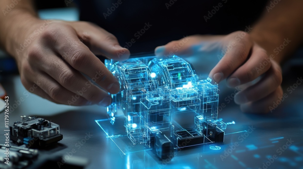 Poster engineer uses augmented reality technology, manipulating a holographic projection of an engine compo