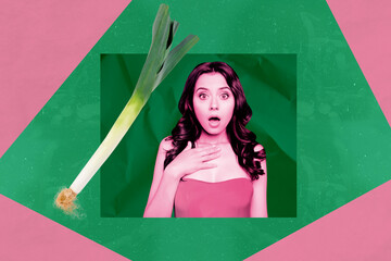 Template sketch image composite artwork collage of young woman emotion shocked face staring...