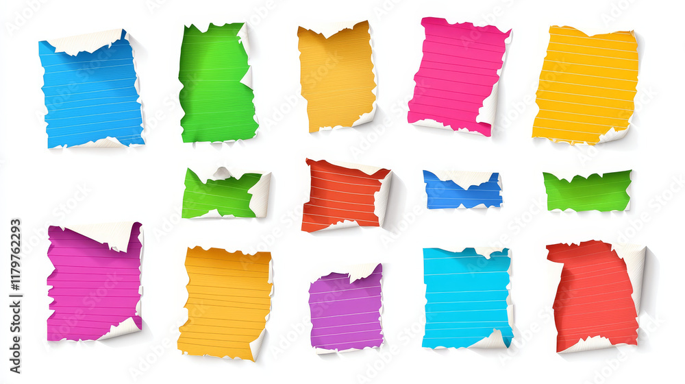 Poster strips and pieces of torn colored paper - clean, squared, lined and dotted scrap with broken and rip