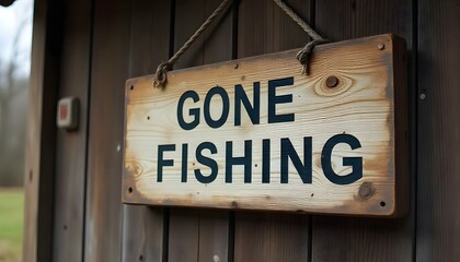 Weathered "gone fishing" sign hanging on a rustic wooden cabin near the water