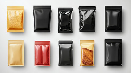 Plastic packs and bags realistic mockup of vector food packages. Black foil pouch, sachet, stand up and pocket bags, flow pack, doypack and styrofoam tray with zipper, plastic wrapping and hang slot