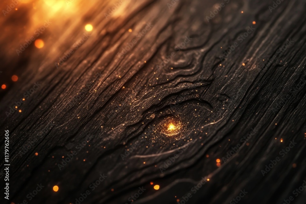 Poster abstract texture of dark wood with glowing sparks and cosmic elements, perfect for invoking mystery 