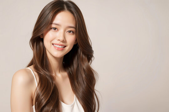 A woman with long brown hair is smiling and looking at the camera