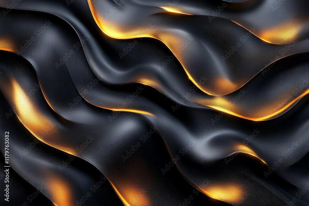 Poster abstract waves of black fabric with glowing golden highlights creating a visually captivating textur