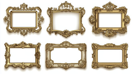 Empty trendy contemporary vintage frame with ornament vector set. Isolated antique cartoon photo or mirror drawn border. Victorian art royal blank design framework template collection.