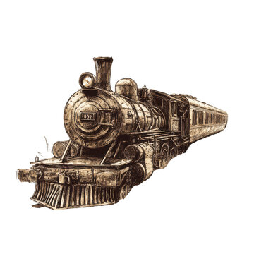 Snake Train Sketch: A whimsical sketch of a snake-like train, coiling and twisting along its tracks. Transparent background.