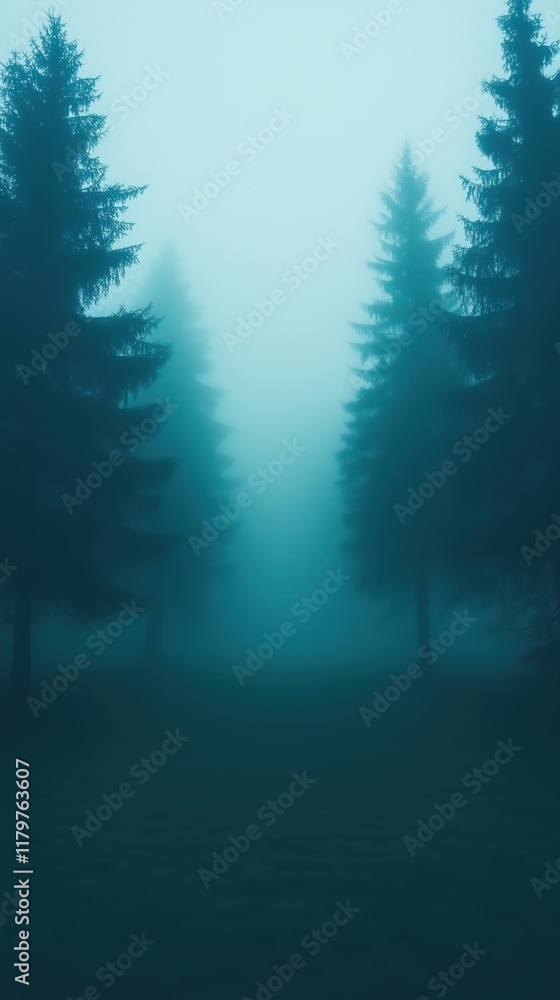 Poster mystical forest path shrouded in dense fog with tall pine trees creating eerie atmosphere perfect fo