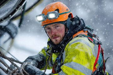 Obraz premium Snowy offshore wind turbine maintenance worker in safety gear, focused and determined