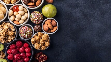 Obraz premium A colorful assortment of snacks in bowls, featuring nuts, fruits, and sweet treats, arranged stylishly on a dark surface.