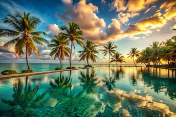 Fototapeta premium Lush Tropical Paradise: Infinity Pool Overlooking Ocean