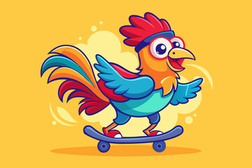 Cartoon Rooster Character Skateboarding – Colorful and Fun Action Illustration