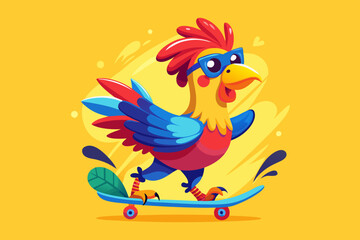 Cartoon Rooster Character Skateboarding – Colorful and Fun Action Illustration