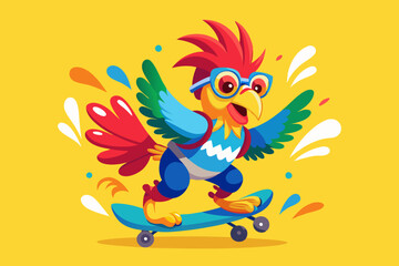 Cartoon Rooster Character Skateboarding – Colorful and Fun Action Illustration